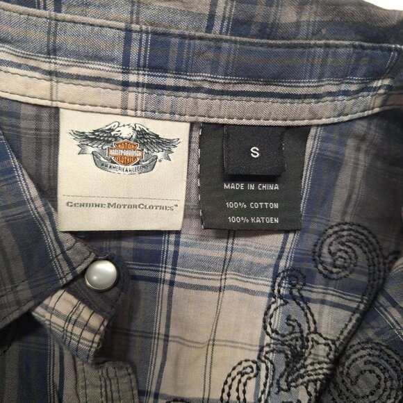 Harley Davidson Plaid Snap Up Down Fringe Embroidered Mens Small Motorcycle Club - Picture 8 of 11